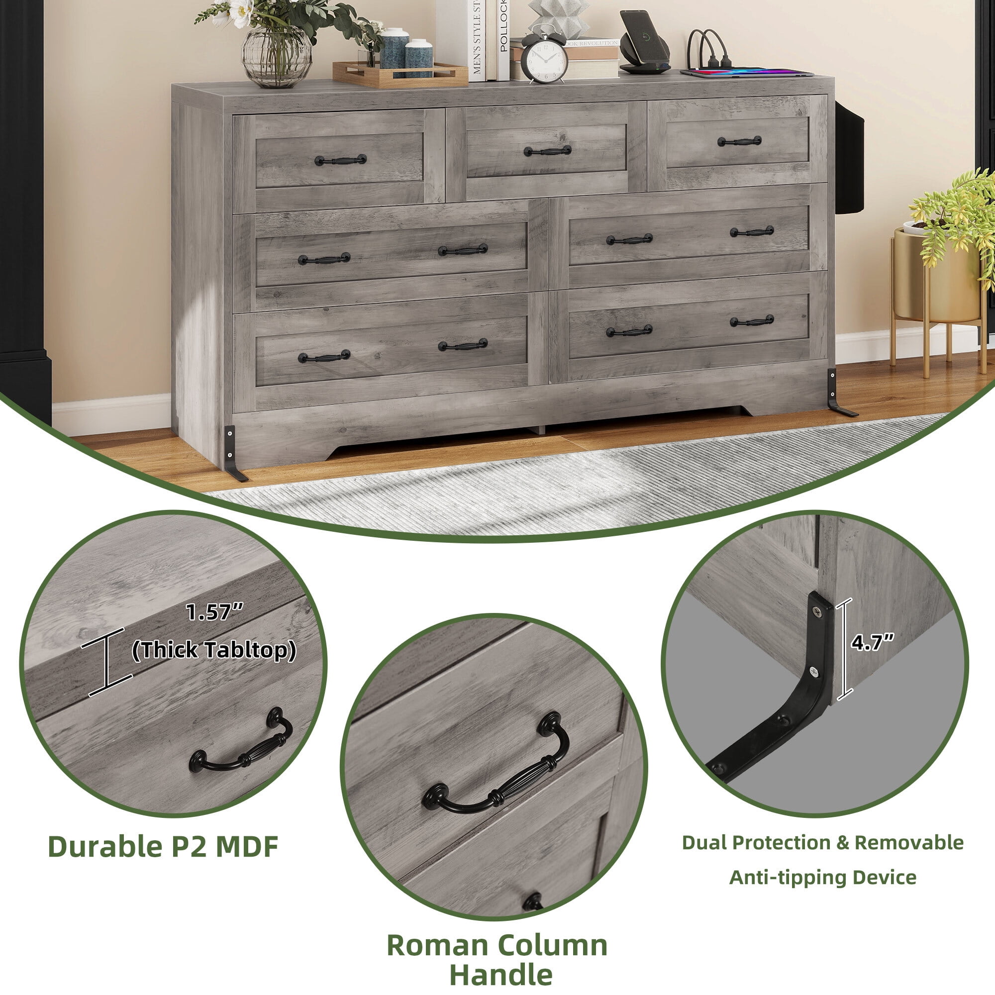 Uforic 7-Drawer Double Dresser Storage Cabinet with Power Outlets, Wood Chest of Drawers, Gray