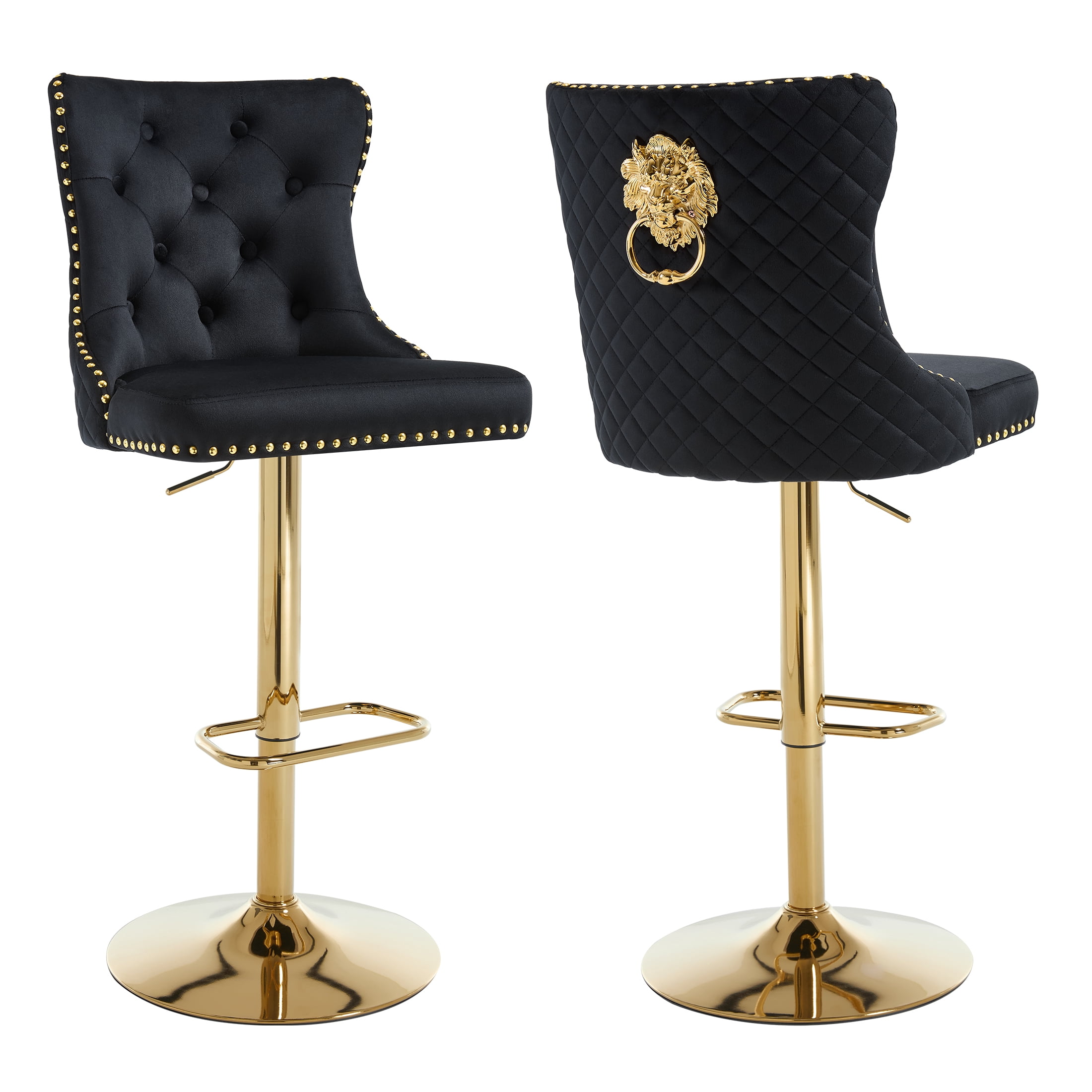 Velvet Gold Bar Stools Set of 2 Modern Counter Height Bar Stools with Lion Pull Ring Tufted Back, Nailhead Upholstered Barstools for Home Kitchen Island, Swivel Adjustable Stool Chair in Black