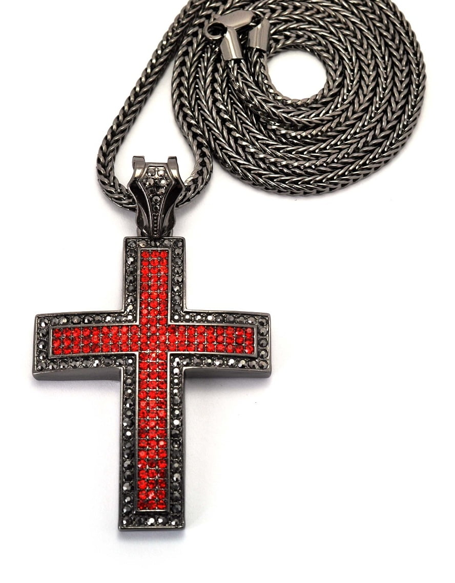 Iced Out Hematitered Tone Cross Pendant 4mm 36 Franco Chain Necklace