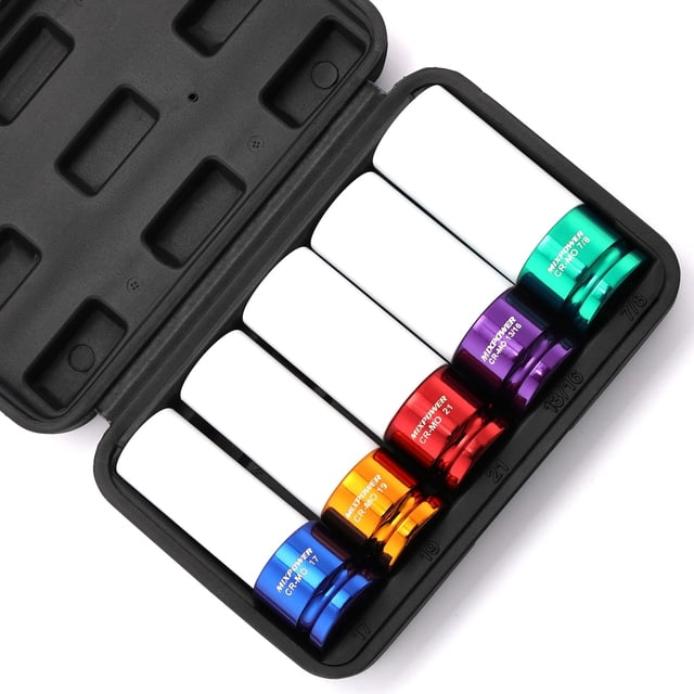 MIXPOWER 5 Pieces 1/2" Drive Wheel Protector Impact Socket Set, CR-MO, Metric/SAE, Thin Wall Deep Impact Socket Set, 6 Point, Color-Coded,