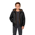 thumbnail image 2 of Heting Boys Faux Leather Motorcycle Jacket with Removable Hood Warm Fleece Lining Windproof PU Bomber Coat for Fall Winter Black 10-12, 2 of 9