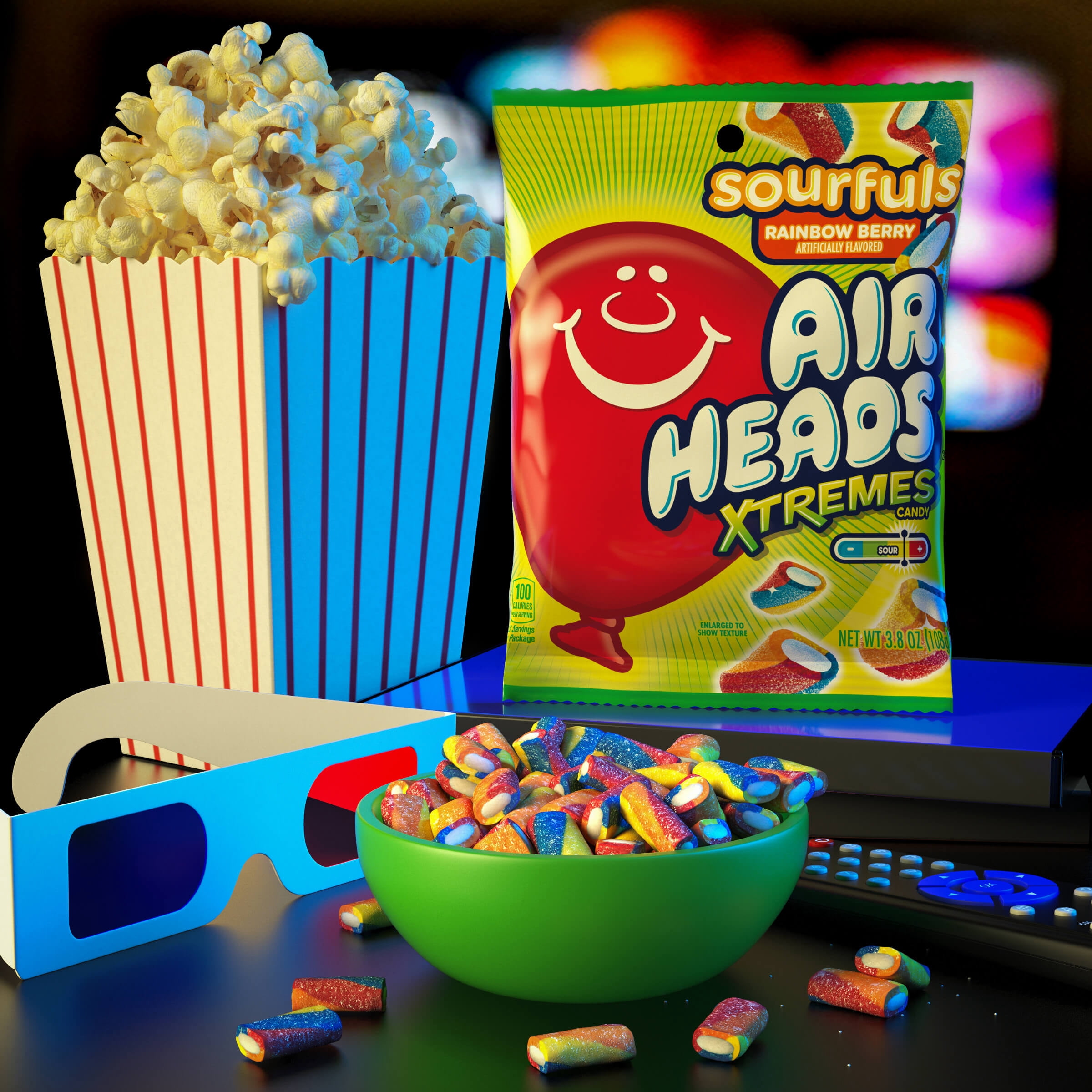 (3 pack) Airheads Sour Candy, Xtremes Sourfuls Candy Bag, Rainbow Berry, Nut Free, 9 oz