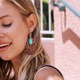 thumbnail image 6 of QIQUWOHUL Vintage Embossed Leather Water Drop Shape Blue Turquoise Stone Dangle Earrings For Women Mom, 6 of 9
