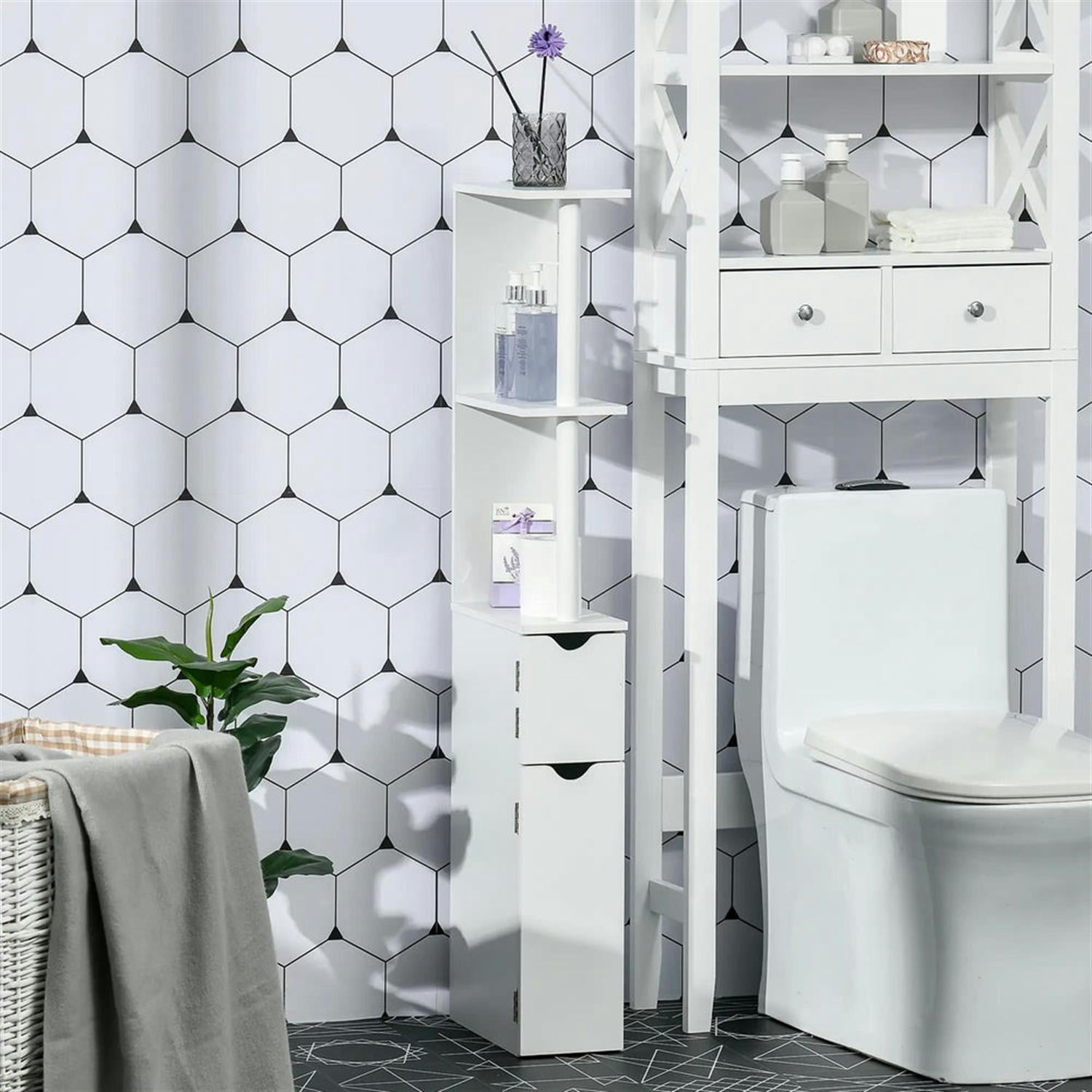 Demi Bonn Bathroom Floor Storage Cabinet, Bathroom Storage Unit, Freestanding Narrow Side Cabinet with 2-Tier Shelf and Drawers, White