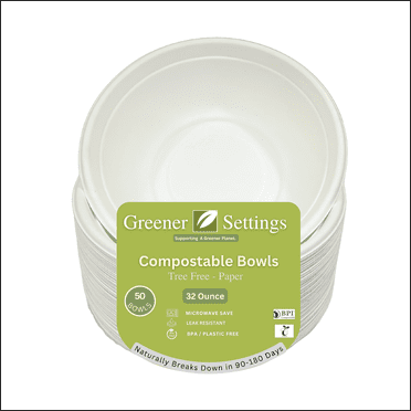 Greener Settings Compostable Products Heavy Duty 32 oz Disposable Paper Bowls, 50 Count (1 Pack)