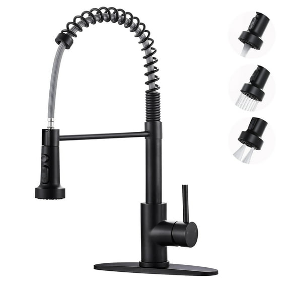 Wowow Stainless Steel Kitchen Faucets with 3-Function Pull Down Sprayer in Matte Black