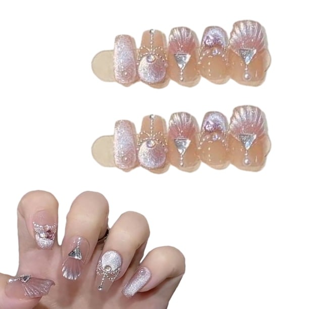 Prensa corta en uñas, arte de uñas de ataúd mediano con diseño de lujo 3D, uñas postizas reutilizables, 10 piezas con kit de uñas relacionado, 4 tamaños