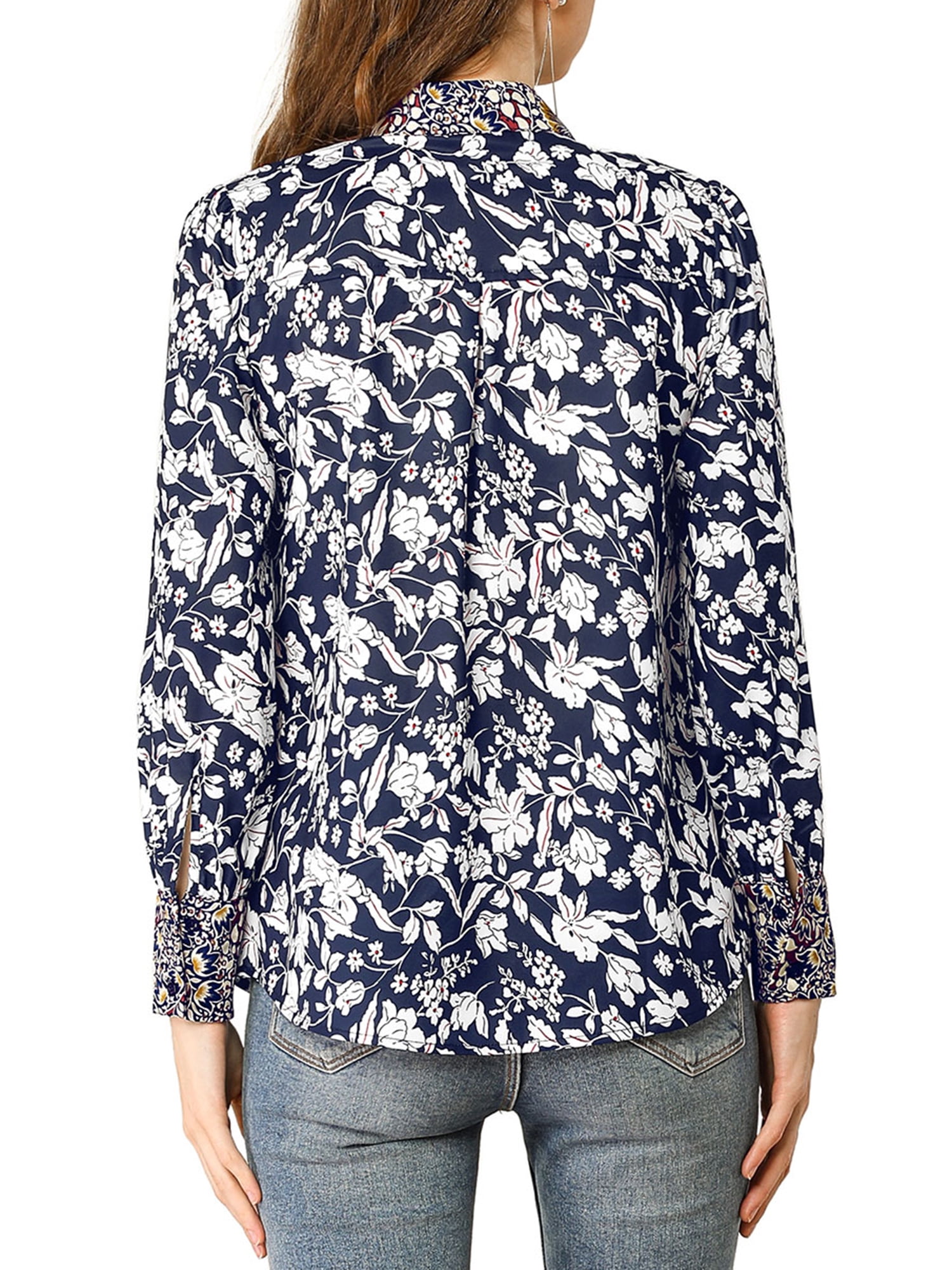Unique Bargains Women's Boho Floral Printed Shirt V Neck Pussy Bow Blouse