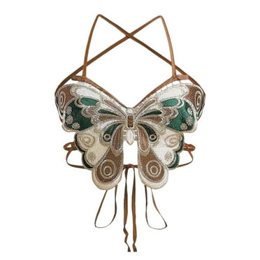 Peiiwdc Womens Butterfly Embroidery Halterneck Backless Crop Top Tie Back Fitted Sleeveless