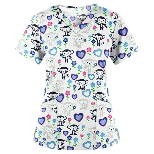 Pompotops Blouse à Manches Courtes Col en V pour Femmes avec Poches Imprimées Uniforme Infirmière