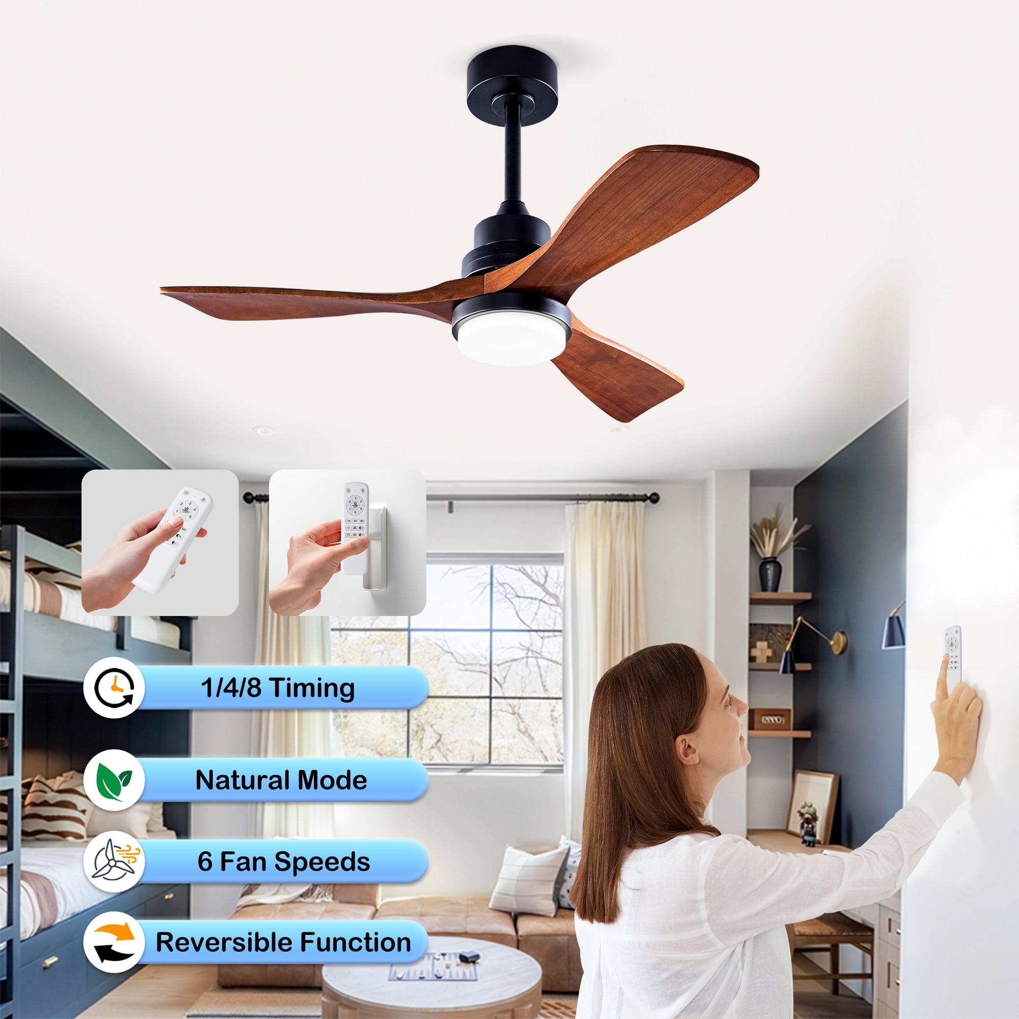 Ceiling Fan with Lights, 42 Inch Remote Control 3 Wood Blades Outdoor Ceiling Fan for Patio Farmhouse Home, Black