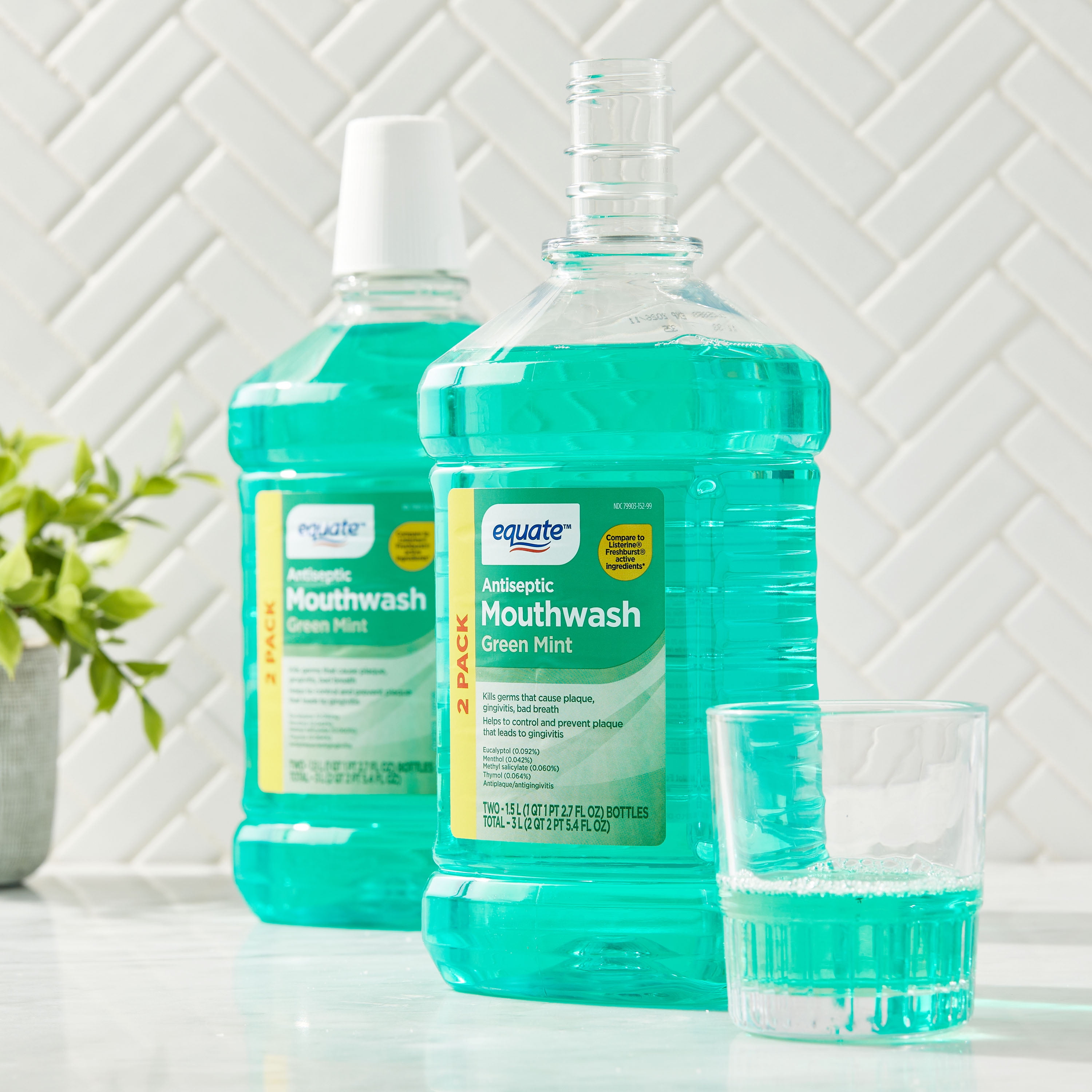 (12 pack) Equate Antiseptic Mouthwash, Green Mint, 1.5 L, 2 Count