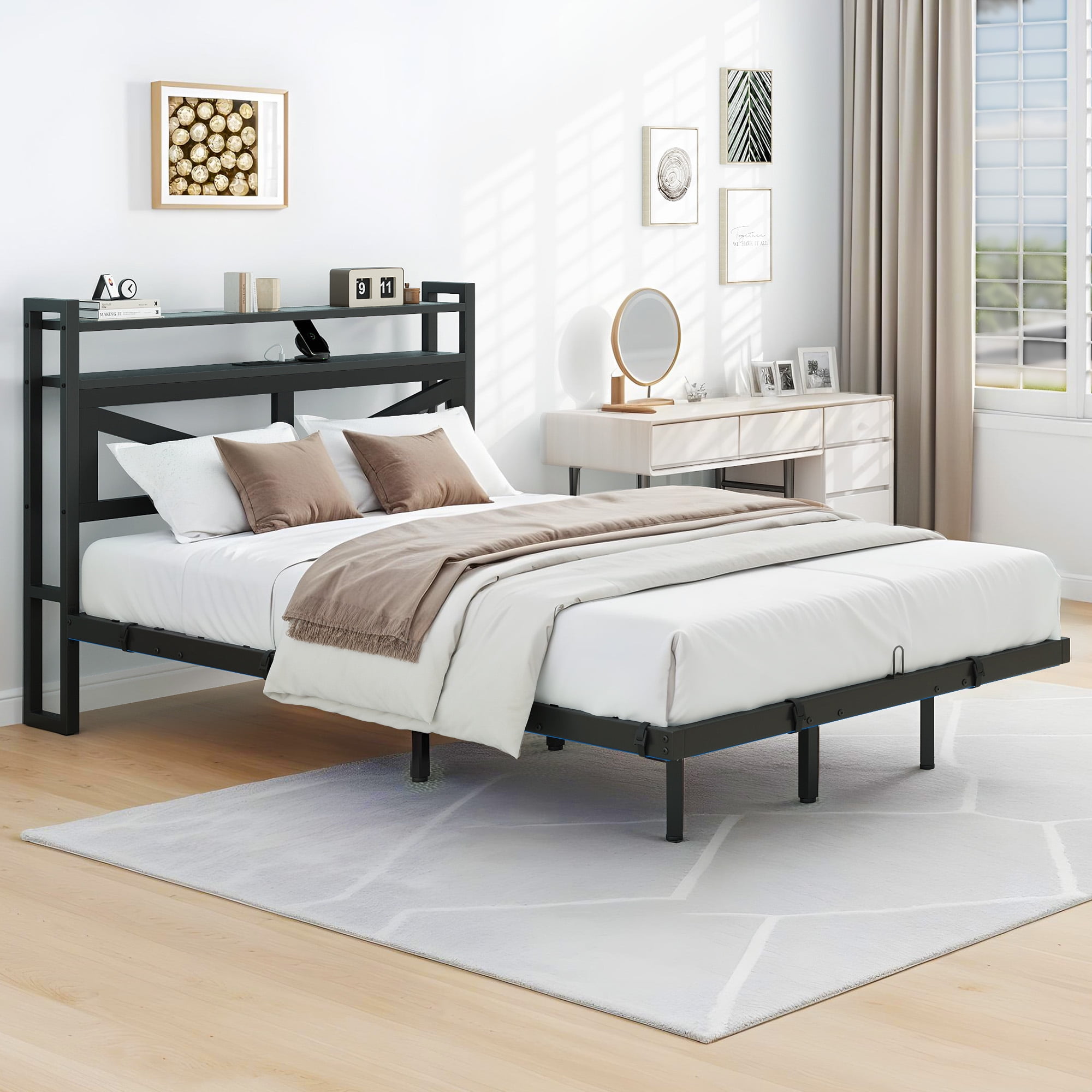 Uforic Modern Floating Bed Frame, Full Size Bed Platform with 2-tier Storage Headboard, Noiseless Metal Frame, Built-in Power Hub, and LED Lights, Black