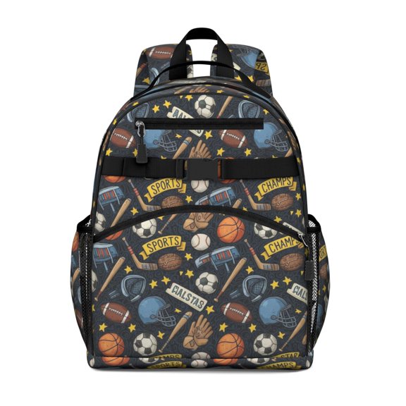 Football and Basketball Black Pattern Cute School Backpack Bag for School with Padded Back and Adjustable Shoulder Straps 15.25"x11.5"x5.25"