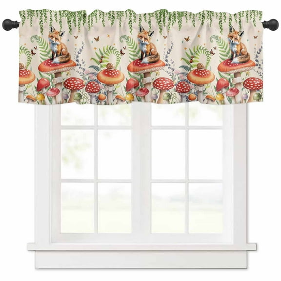 Mushroom Fox Curtain Valance for Windows/Kitchen/Living Room/Bedroom, Green Leaf Butterfly Red Retro Plant Rod Pocket Window Treatment Short Drape Topper Small Tier Cafe Curtains Panel 54X18