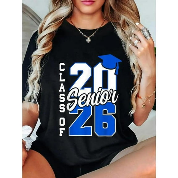 Playful 2026 Grad Graphic Tee,Tops Has "Class of 2026 Senior" Text with Grad Cap Design, Round Neck Regular Fit T - shirts, Size(S - 5XL)