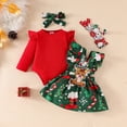 thumbnail image 2 of Mercatoo Baby Girl Christmas Clothes Set Ribbing Shirt Tops Romper Ruffle Print Suspender Dress with Bow Headband 3Pcs, 2 of 9