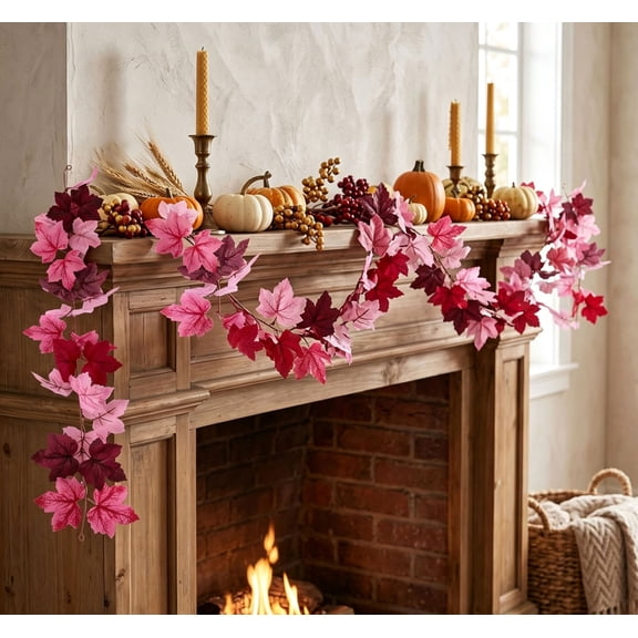 Linnome Harvest Festival Pink Maple Leaf Garland Artificial Fall Foliage Vine Decorative Mantel Door Frame Wall Thanksgiving Halloween Wedding Party Decor Indoor Outdoor Home Decor
