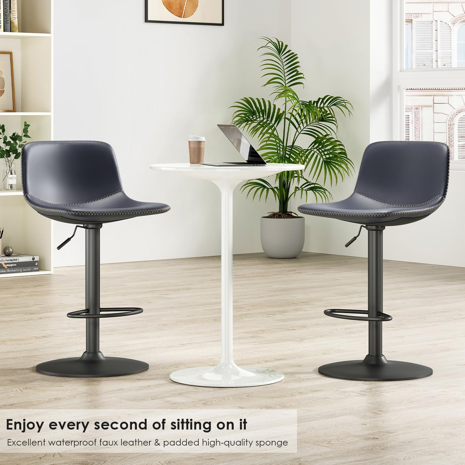 STARY Adjustable Bar Stools Set of 2, Modern Swivel Bar Stools, Bar Height Stools with Back Support, Pu Leather Bar Stool for Kitchen Island Counter