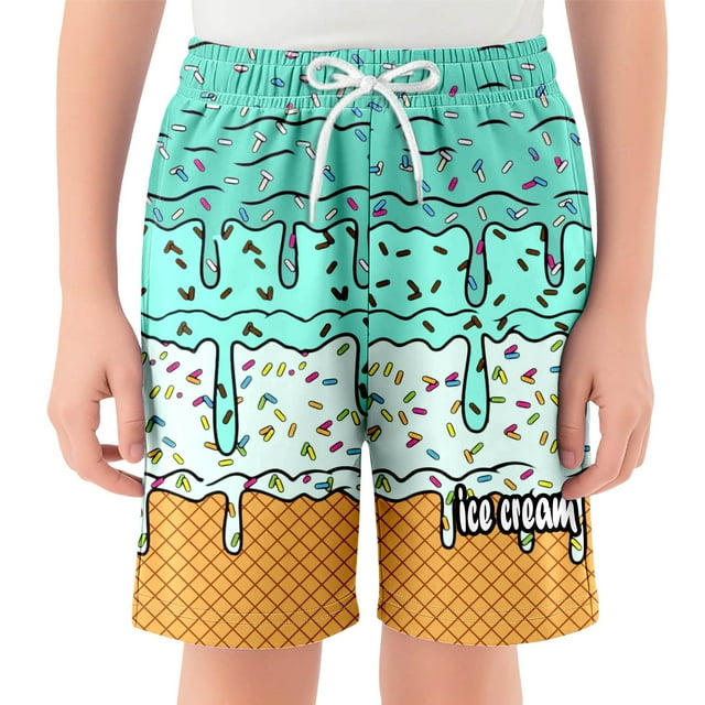Boy's Ice Cream Patchwork Drawstring Waist Printed Summer Boho Track Shorts 2-14Years,Mint Green,140