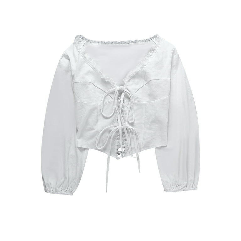 White Bell Sleeve Crop Top - Button Up Crop Top - White Front Tie Crop Top