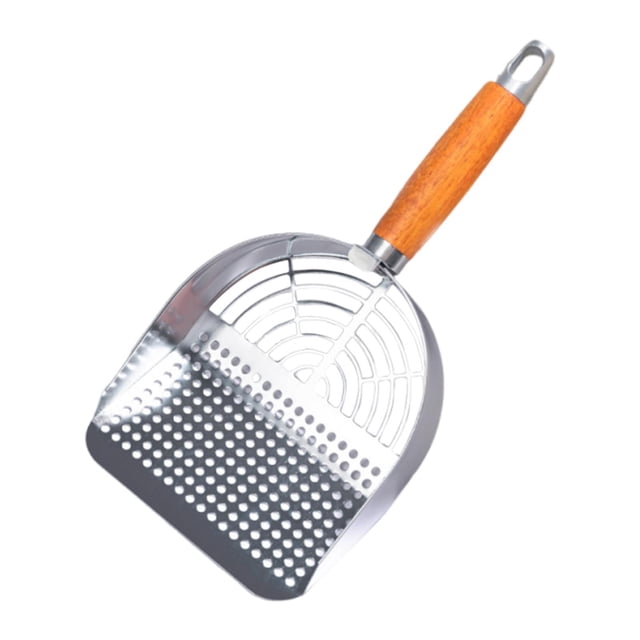 Pala para arena de gatos de acero inoxidable con mango de madera, compacta y de malla. Tipo de agujero