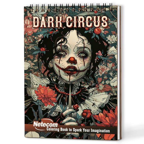 Netecom Dark Circus Coloring Book Spiral Bound for Adults, Wooden Cover, 30 Enchanting Coloring Pages of Threatening Deadly Clown for Stress Relief and Relaxation