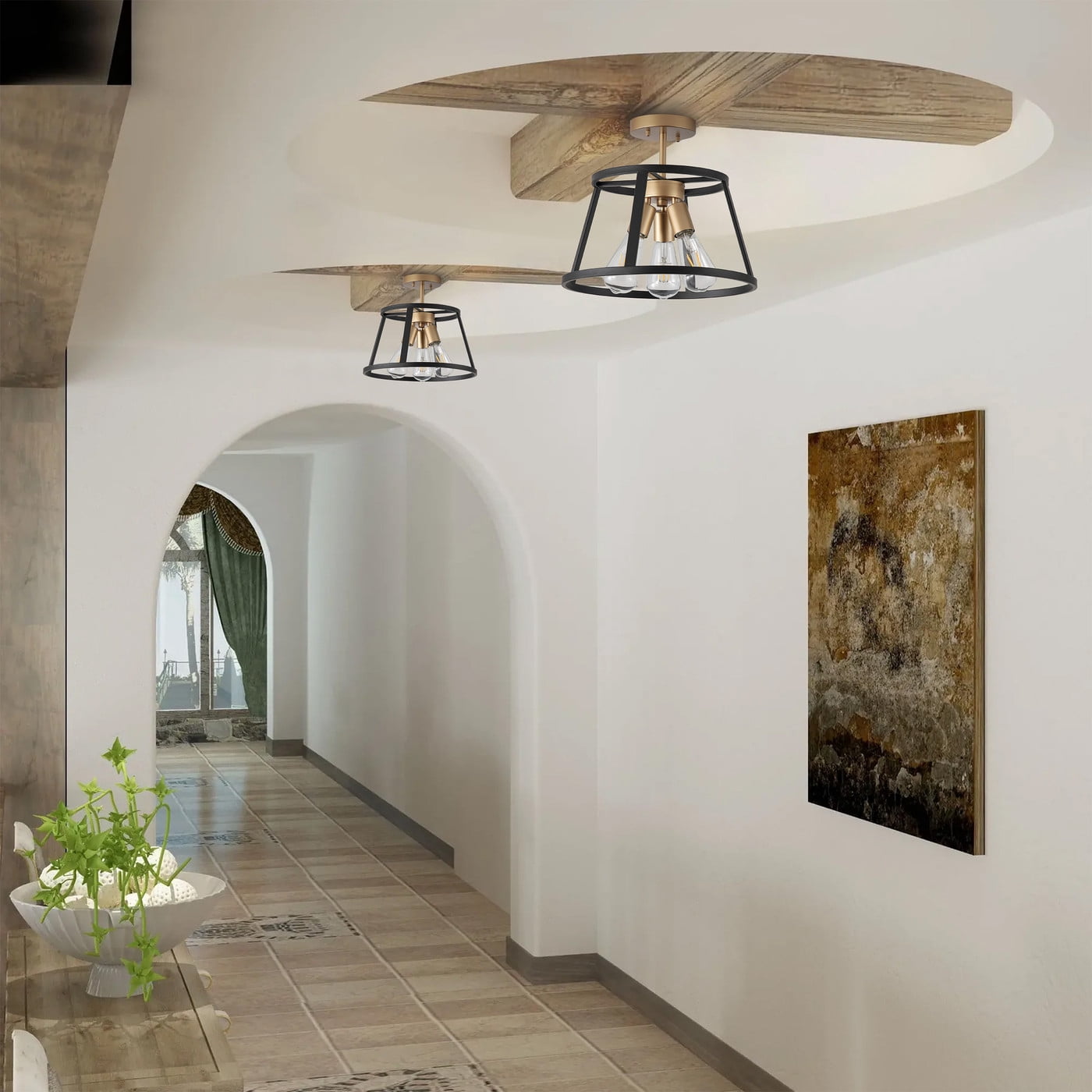 Modern Industrial Semi Flush Mount Ceiling Lighting, Retro Black Gold Close to Ceiling Light Fixture, 4-Light Metal Square Ceiling Light