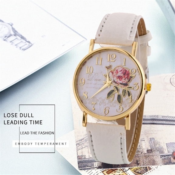 Resicozy Women Round Watches Rose Gold Case Stylish Flower Printed Quartz Pointer Design Specially for Ladies' Wrist Watches White
