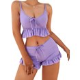 thumbnail image 3 of xiaxaixu Women Summer 2 Pieces Outfits Solid Color V-Neck Sleeveelss Camisoles Ruffle Hem Tank Tops and Shorts Set, 3 of 7