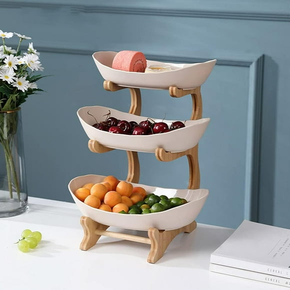 Porcelain Fruit Basket, Easy to Clean Space-saving Design Tiered Serving Stand for Kitchen Counter, Elegant Appearance Durable Porcelain Bamboo Wood Stand Detachable Serving Tray