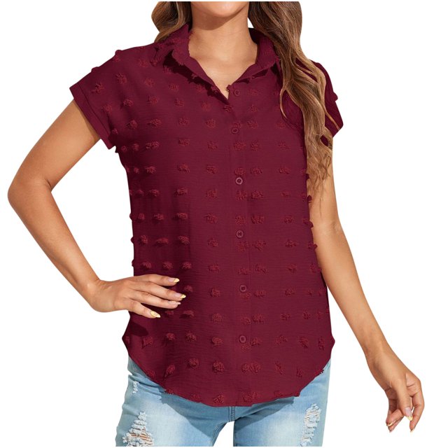 Hauts pour Femmes Décontractés Été Manches Courtes Légers Couleur Unie Tendance T-Shirts Courts Dames Col Rond Blouses (Petit, Bordeaux)