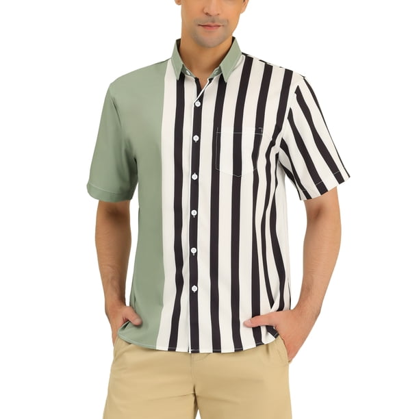 CAMISA DE HOMBRE HAWAIANA DE MANGA CORTA CON BOTONES Y BLOQUEO DE COLOR EN RAYAS 2XL VERDE CLARO NEGRO