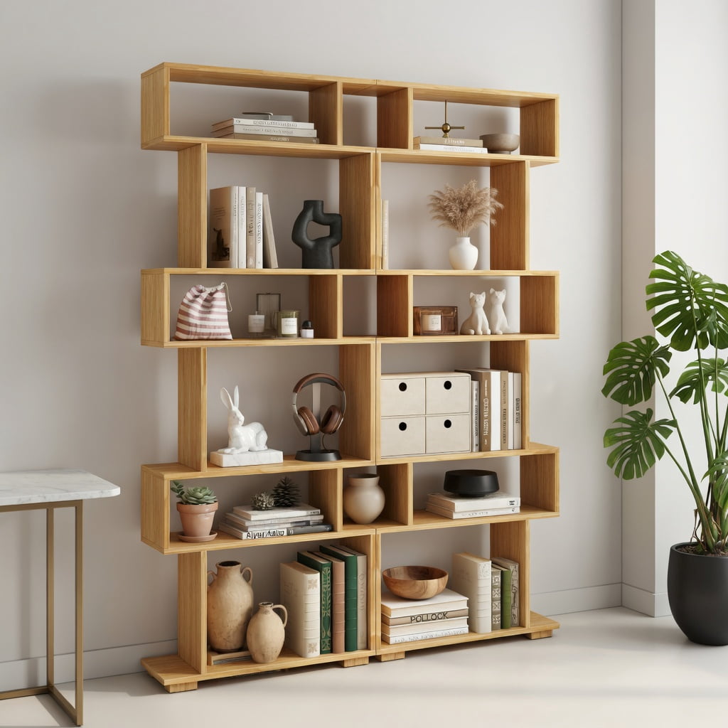 GVN 6-Tier Geometric Open Bookshelf Stylish Modern Display Bookcase with 2 Anti-Tipping Kits Stable Structure for Home Office Study Living Room Storage Furniture, Wood