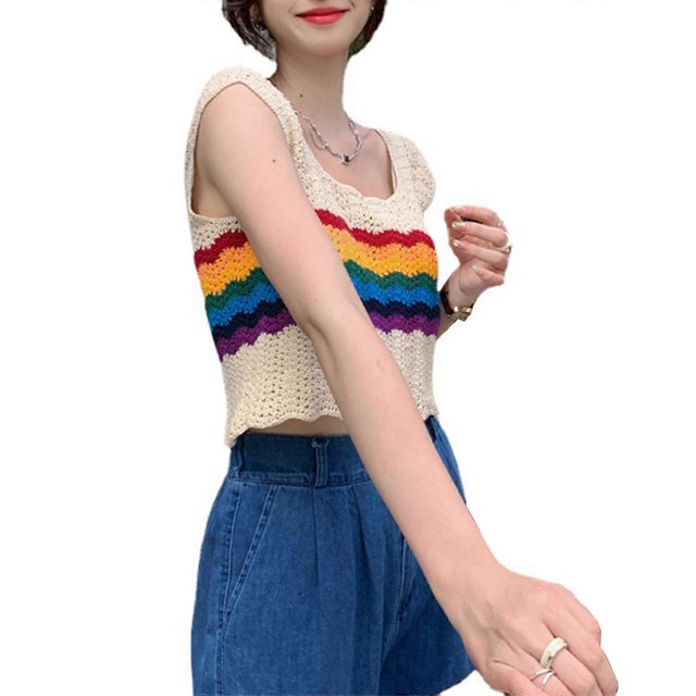 Sleeveless Hollows Tanks Vests Loose Fit Tops Knitted Tops Rainbow-Color Shirts Lace Cute Sweet Tops for Daily Office One Size