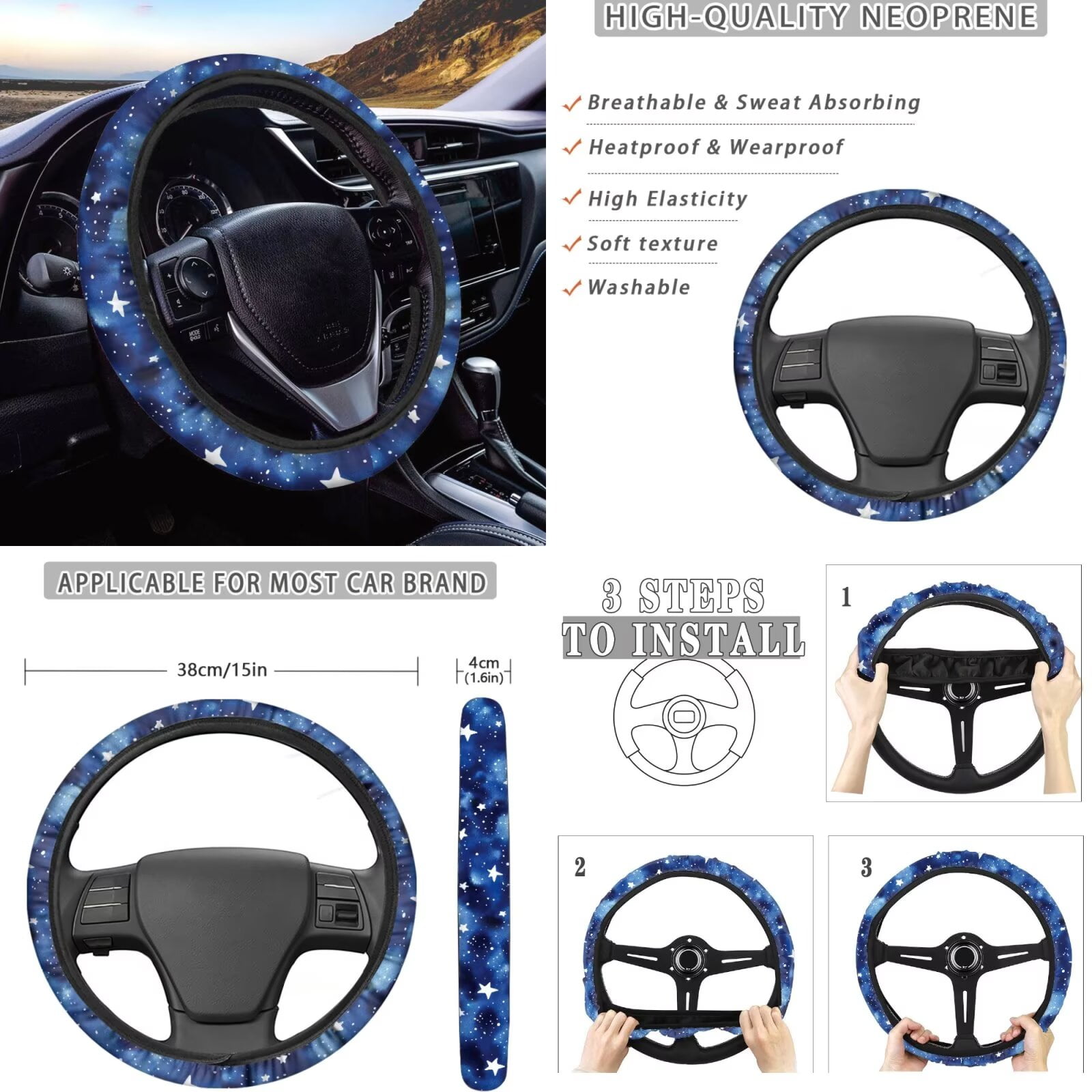 Garronmavis Blue Galaxy Star 11 PCS Car Seat Covers Full Set for Women Men Steering Wheel Cover Gear Shift Cover Handbrake Cover Headrest Cover Cup Coasters Automotive Interior Universal