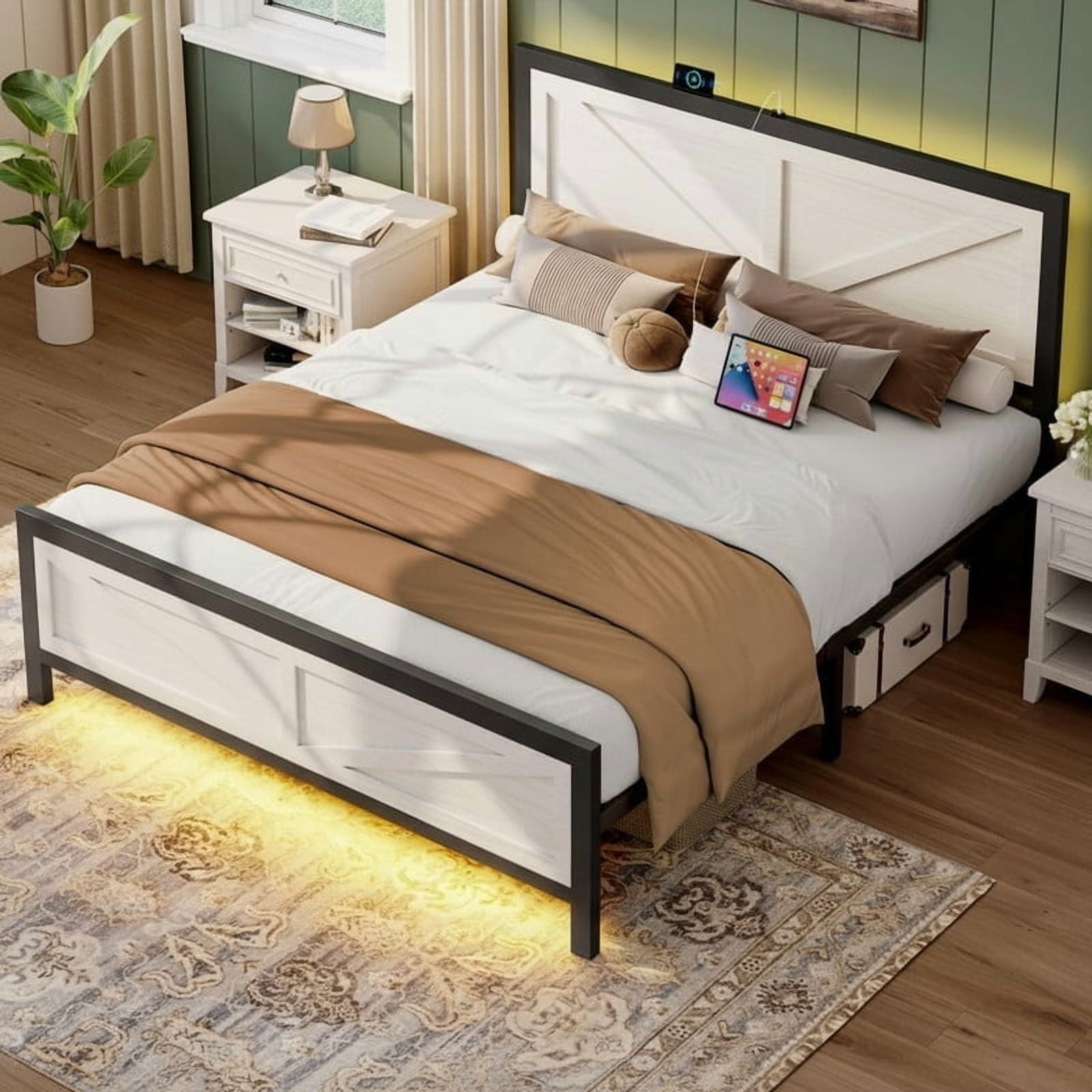 Rustic Bed Frame King Size with Barn Door Headboard, LED Bed Frame with Charging Station, Industrial Platform Metal Bed Frames, No Box Spring Needed, Easy Assembly, White