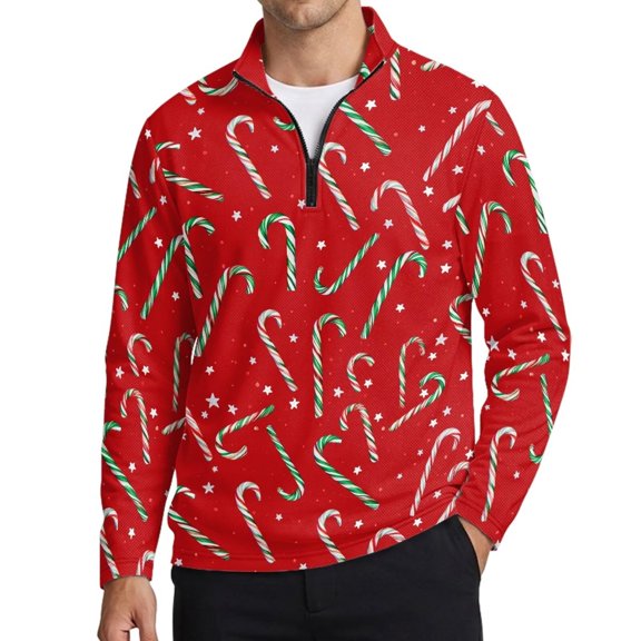 Aplkyhs Christmas Candy Cane Men Sport Cloth Golf Tennis Shirts Long Sleeve Sport Shirts Soft and Comfortable Lightweight with Collar Shirt Fit Plain for Golf Tennis Running Gym