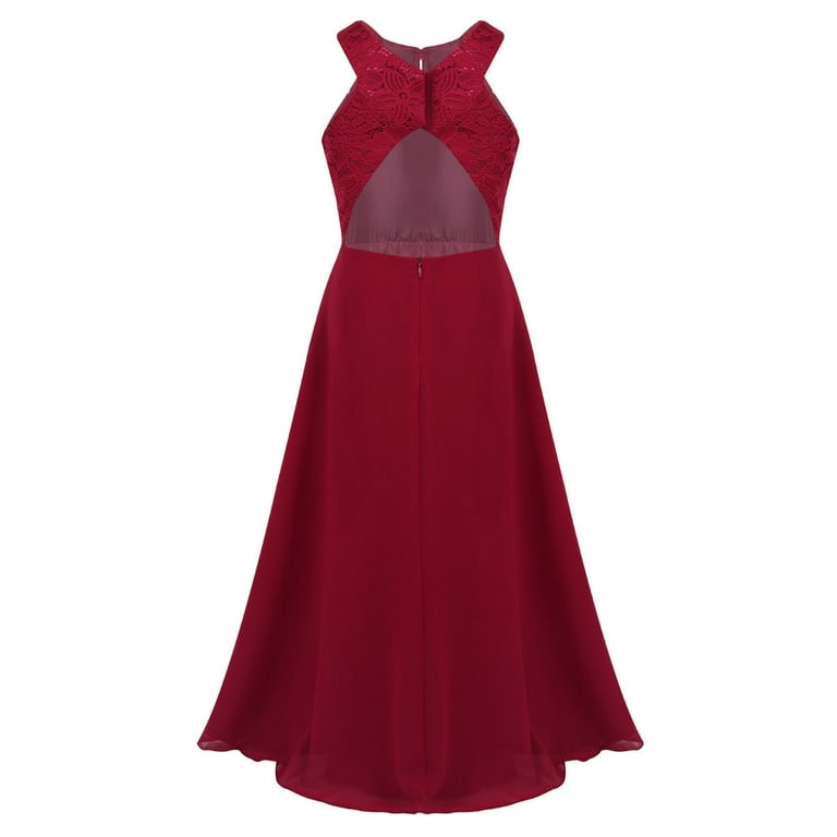 Raenseen Big Girls Floral Lace Party Wedding Prom Long Chiffon Dress  Bridesmaid Dance Ball Maxi Gown Burgundy 12 - Walmart.com