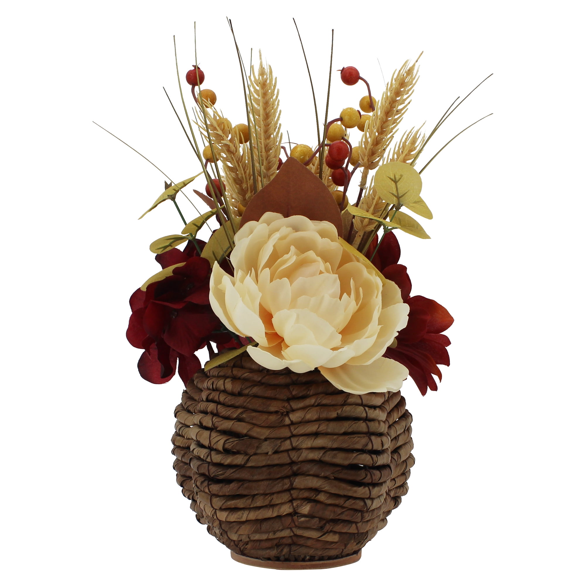 Better Homes & Gardens 16” Harvest Artificial White Peony and Red Dahlia Floral Arrangement in Banana Leaf Pumpkin Shaped Basket