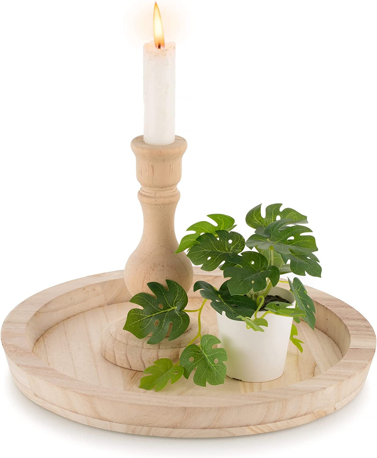 Sziqiqi Candle Tray Rustic Round Unfinished Wooden Table Centerpiece
