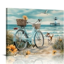 ARISTURING Beach Canvas Wall Art Bicycle Fence Floral Pictures Ocean Painting Print Coastal Theme Living Room  20x16in