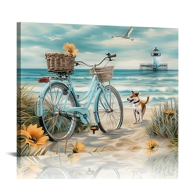 ARISTURING Beach Canvas Wall Art Bicycle Fence Floral Pictures Ocean Painting Print Coastal Theme Living Room  20x16in