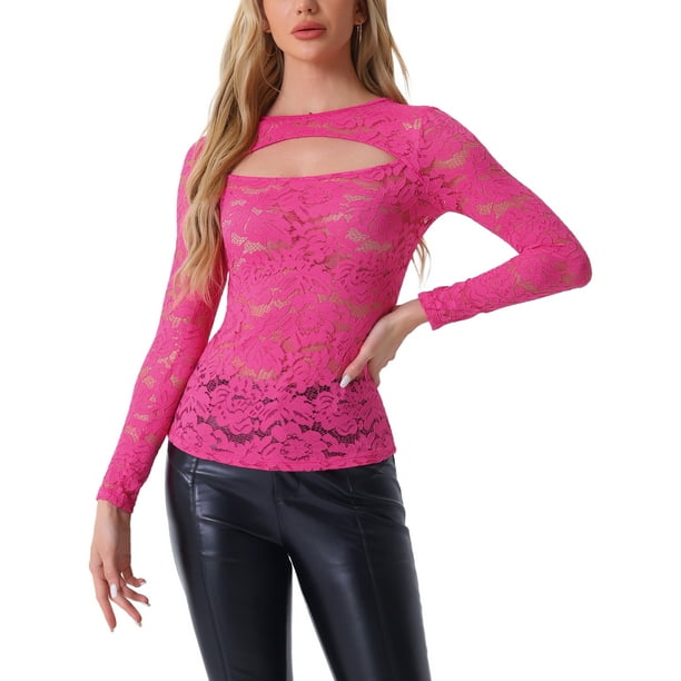 INSPIRAR CHIC Blusa de Encaje Floral de Manga Larga con Corte Frontal Transparente para Mujeres del Día de San Valentín XL Rosa Fucsia
