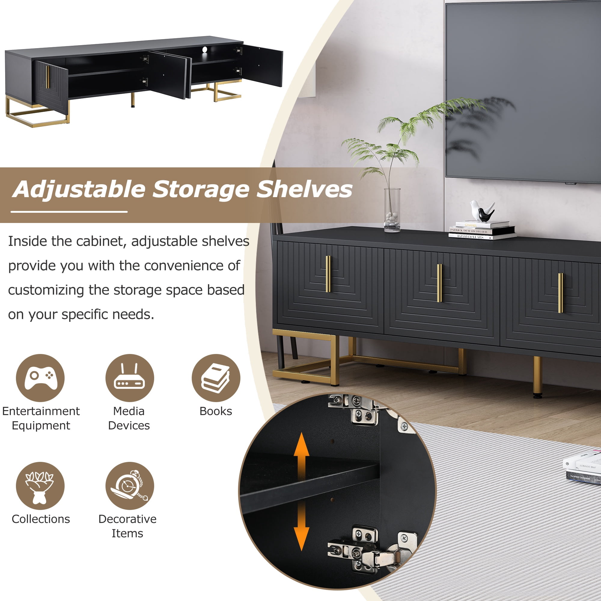 PORKISS TV Stand, Modern TV Console Table with Cabinets for TVs Up to 80”, Media Console Table with Doors and Shelves, Entertainment Center for Living Room, Black/Gold