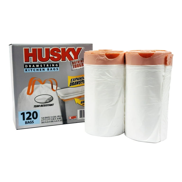 Husky Tall Kitchen Trash Bags, 13 Gallon, 120 Bags (Expandable Drawstring)  - Dover Mart