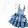 thumbnail image 1 of Baby Girl Clothing Sets Long Sleeve Ribbed Ruffle Romper with Layered Denim Suspender Skirt 2Pcs Outfits, 1 of 10