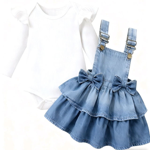 Baby Girl Clothing Sets Long Sleeve Ribbed Ruffle Romper with Layered Denim Suspender Skirt 2Pcs Outfits