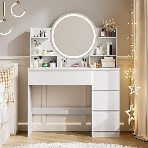 FURNIWAY Vanity Desk with Mirror and LED Lights, Makeup Table with 4 Drawers & Storage Shelves, Adjustable Lighting Modes & Power Outlet, Dressing Table with Stool for Bedroom, White