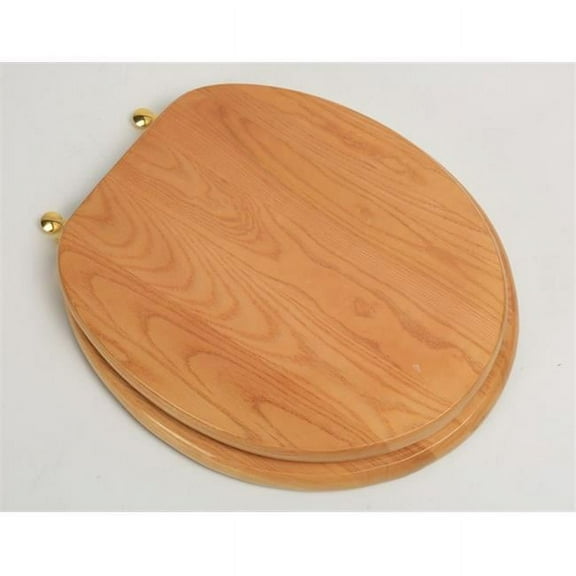 BathDecor Natural Red Oak Finish Designer Solid Round Oak Wood Toilet Seat with Polished Brass Hinges